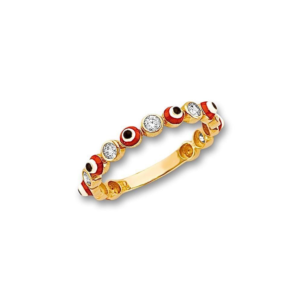 14K Solid Gold Red Enamel Evil Eye Ring with White CZ By Tehrani Jewelry